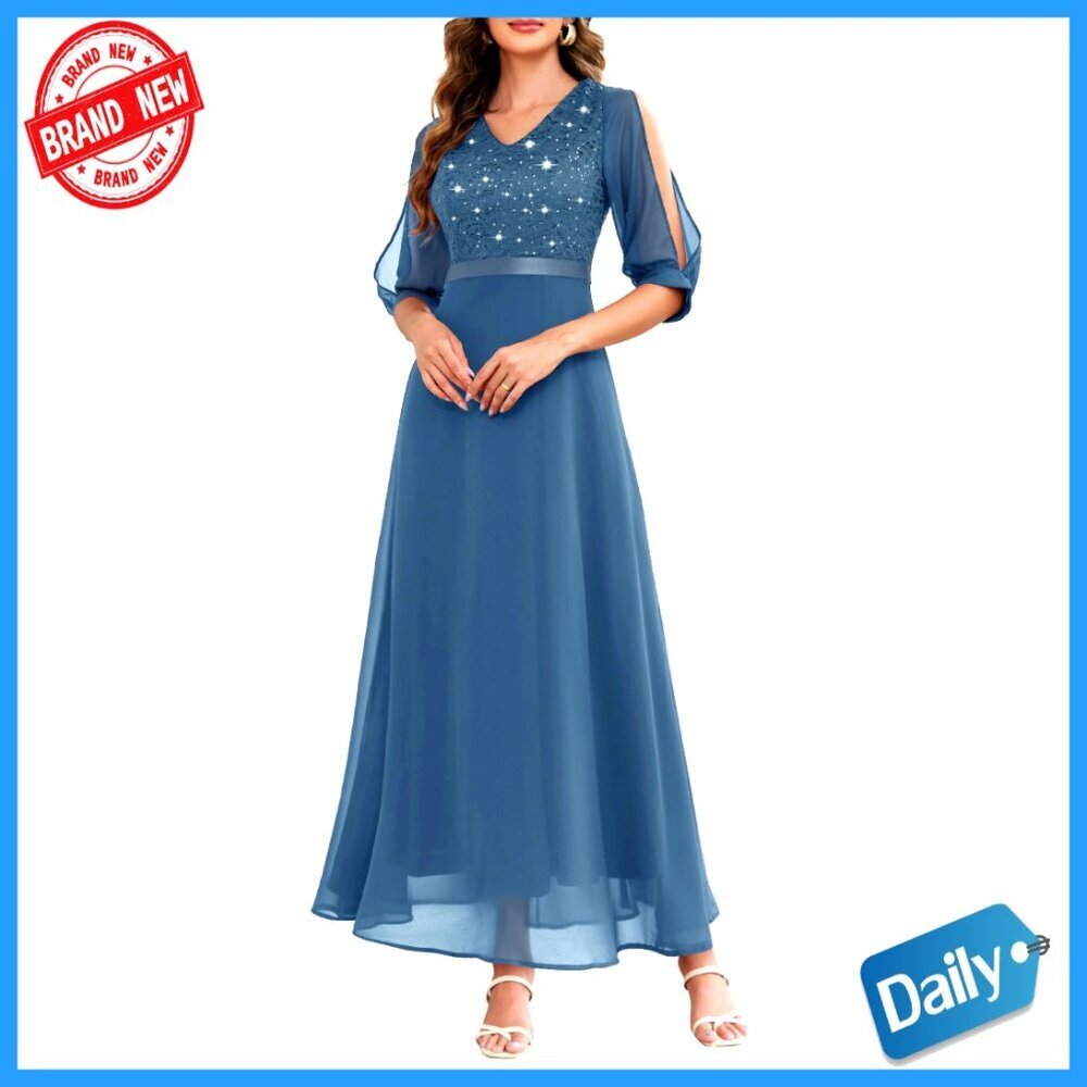 Sequin Glitter Maxi Dress Formal Evening Gown Split Sleeves Empire Waist